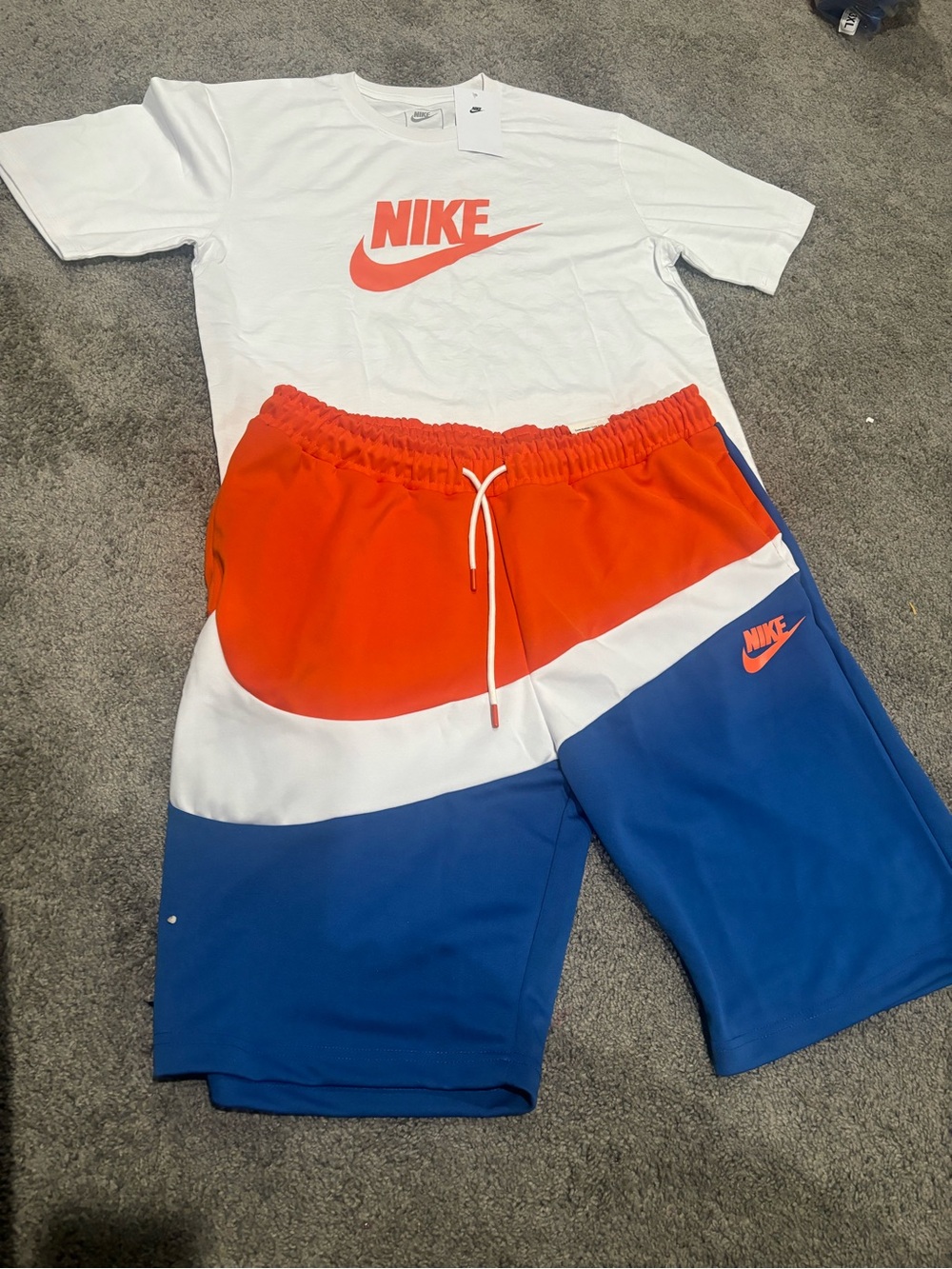 Nike Men’s Orange White and Blue Colorblock Athletic Shorts